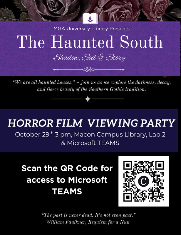 Flyer for the Horror Film viewing party. Event details in description.